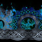 Celtic knotwork braids dragon medallions roaring dragon heads teal circles tribal flame motifs electric blue teal deep black background digitally printed quilting fabric Jason Yenter In The Beginning Fabrics