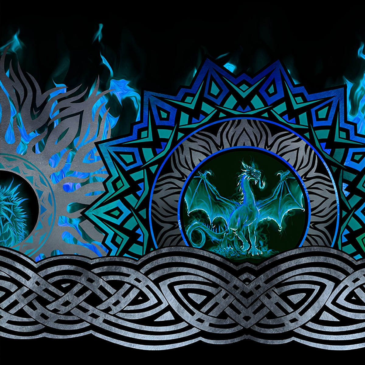 Celtic knotwork braids dragon medallions roaring dragon heads teal circles tribal flame motifs electric blue teal deep black background digitally printed quilting fabric Jason Yenter In The Beginning Fabrics