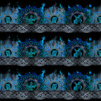 Celtic knotwork braids dragon medallions roaring dragon heads teal circles tribal flame motifs electric blue teal deep black background digitally printed quilting fabric Jason Yenter In The Beginning Fabrics
