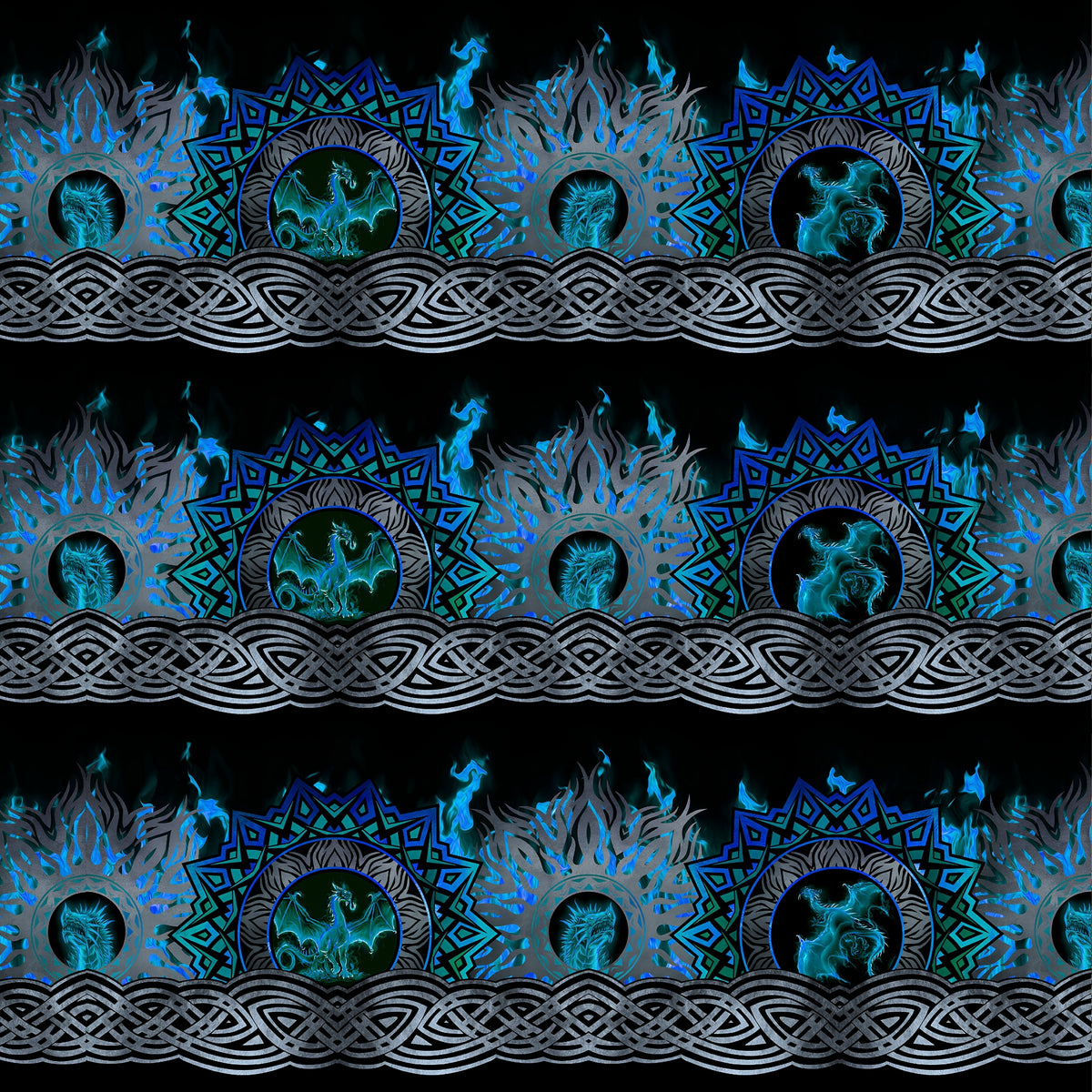 Celtic knotwork braids dragon medallions roaring dragon heads teal circles tribal flame motifs electric blue teal deep black background digitally printed quilting fabric Jason Yenter In The Beginning Fabrics