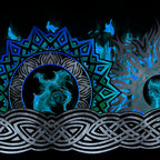Celtic knotwork braids dragon medallions roaring dragon heads teal circles tribal flame motifs electric blue teal deep black background digitally printed quilting fabric Jason Yenter In The Beginning Fabrics