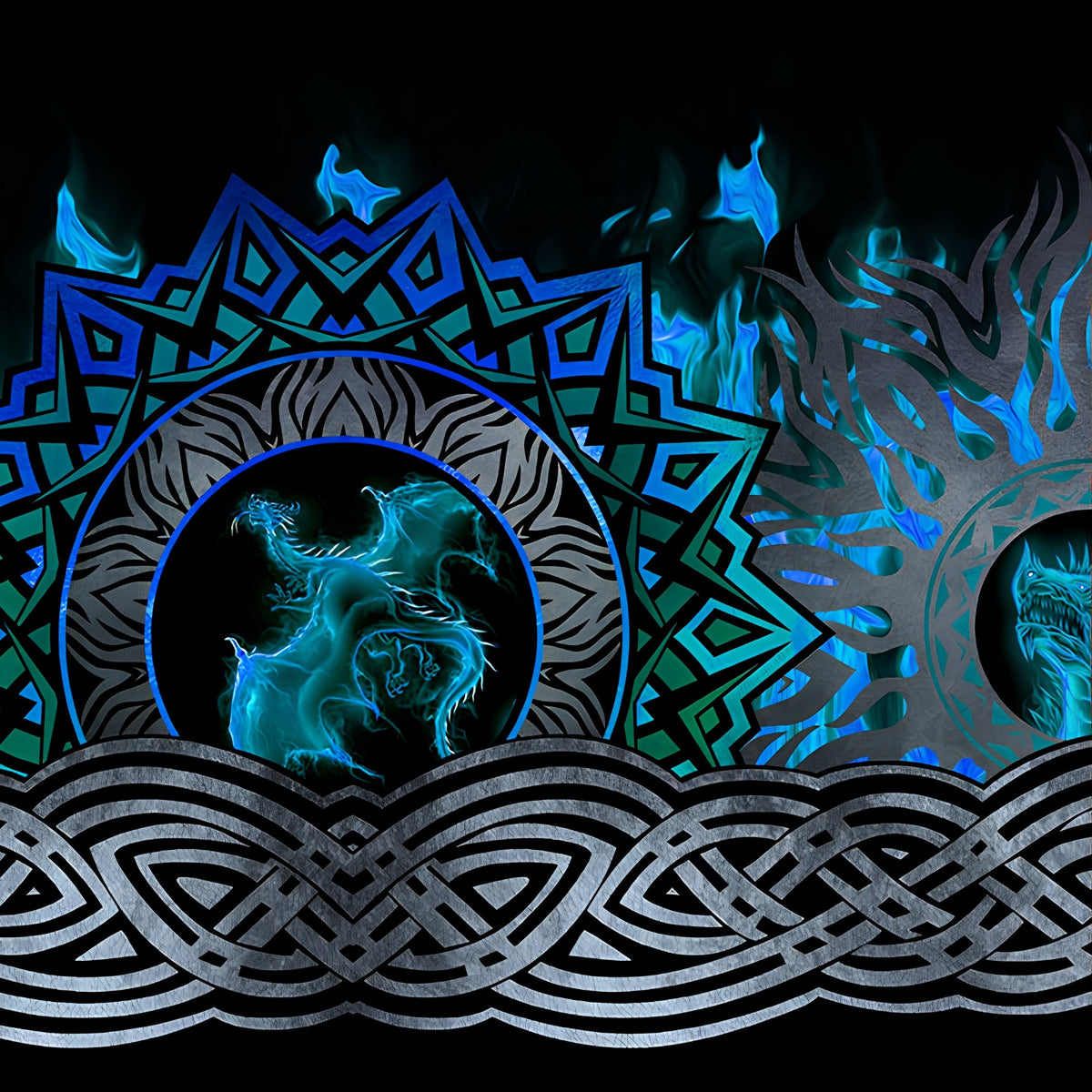 Celtic knotwork braids dragon medallions roaring dragon heads teal circles tribal flame motifs electric blue teal deep black background digitally printed quilting fabric Jason Yenter In The Beginning Fabrics