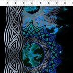Celtic knotwork braids dragon medallions roaring dragon heads teal circles tribal flame motifs electric blue teal deep black background digitally printed quilting fabric Jason Yenter In The Beginning Fabrics