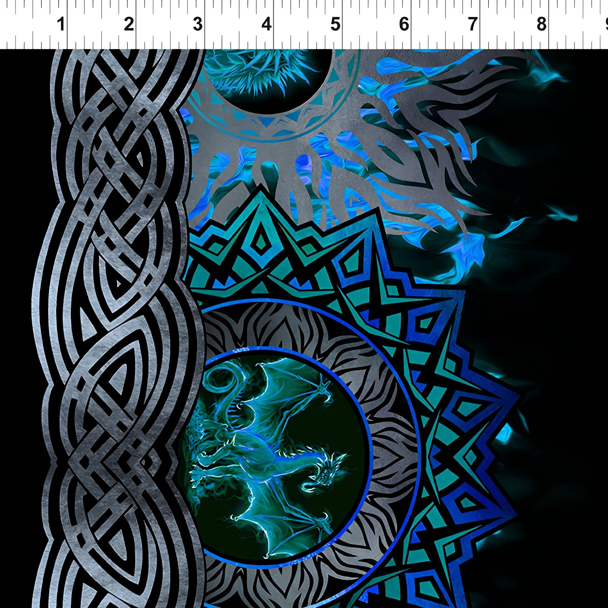 Celtic knotwork braids dragon medallions roaring dragon heads teal circles tribal flame motifs electric blue teal deep black background digitally printed quilting fabric Jason Yenter In The Beginning Fabrics
