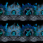 Celtic knotwork braids dragon medallions roaring dragon heads teal circles tribal flame motifs electric blue teal deep black background digitally printed quilting fabric Jason Yenter In The Beginning Fabrics