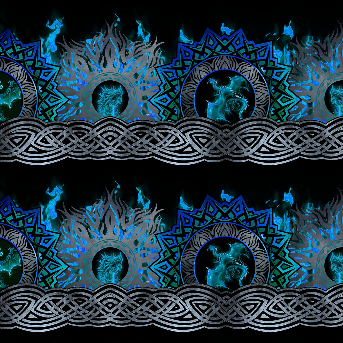 Celtic knotwork braids dragon medallions roaring dragon heads teal circles tribal flame motifs electric blue teal deep black background digitally printed quilting fabric Jason Yenter In The Beginning Fabrics