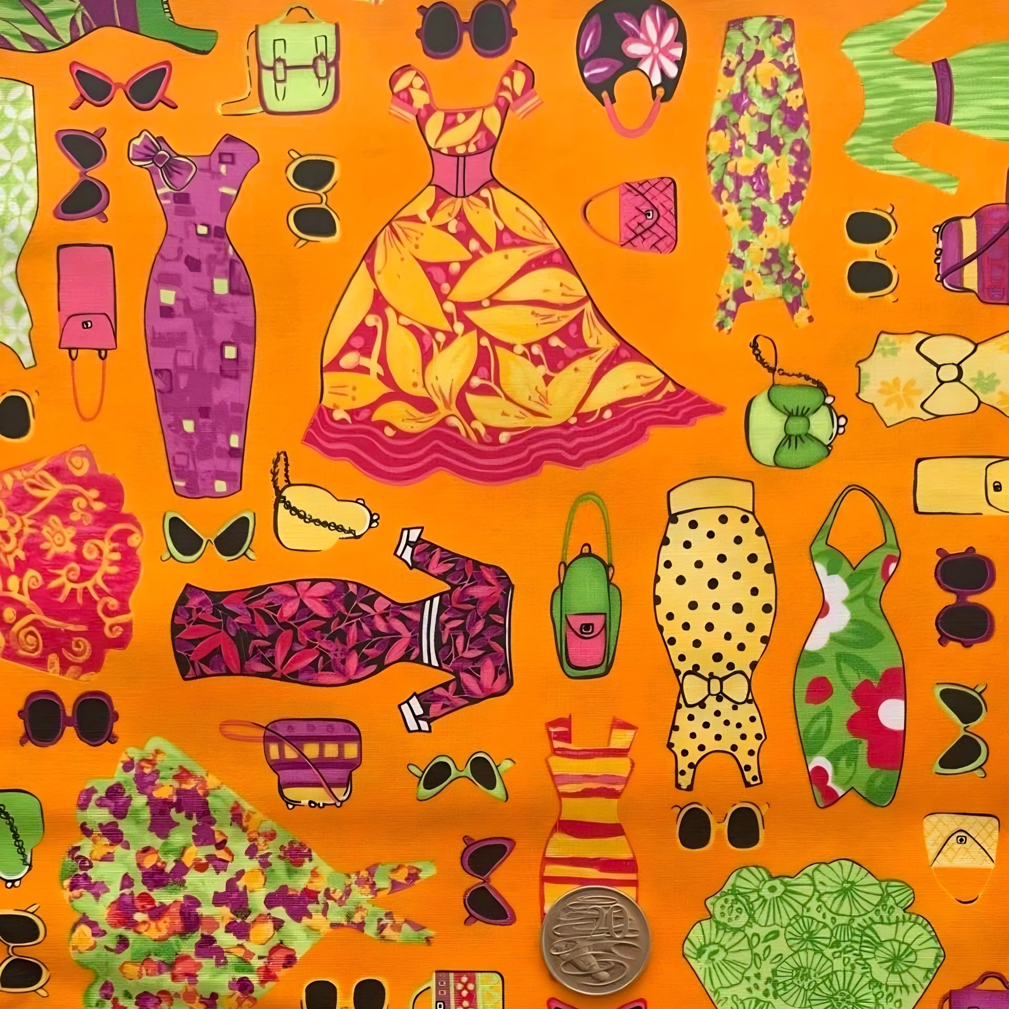 Vintage fashion dresses handbags sunglasses accessories scattered orange green purple yellow novelty quilting fabric patchwork sewing projects