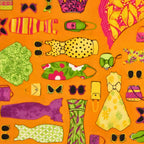 Vintage fashion dresses handbags sunglasses accessories scattered orange green purple yellow novelty quilting fabric patchwork sewing projects