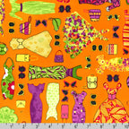 Vintage fashion dresses handbags sunglasses accessories orange green purple yellow fabric for novelty quilts and patchwork sewing projects