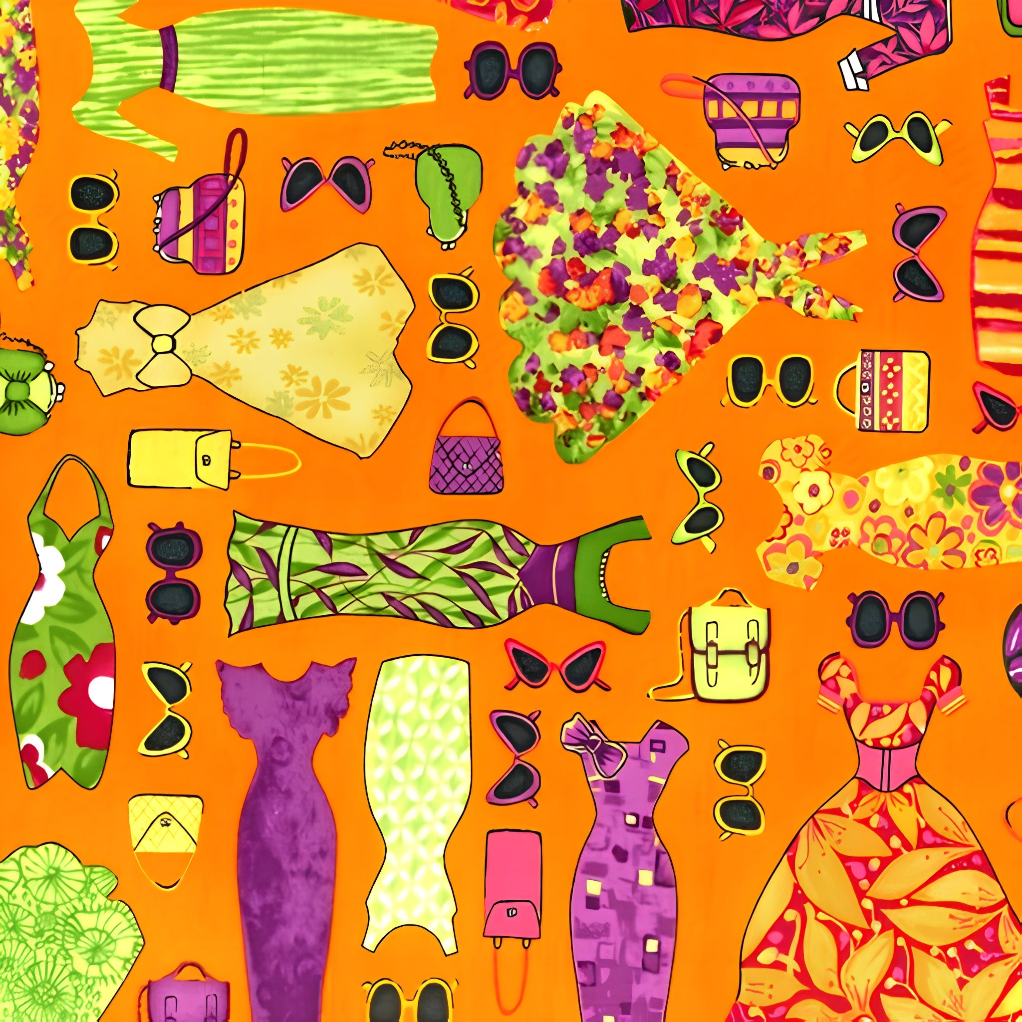 Vintage fashion dresses ball gown polka dot swimsuit handbags sunglasses orange green purple yellow novelty quilting fabric patchwork projects
