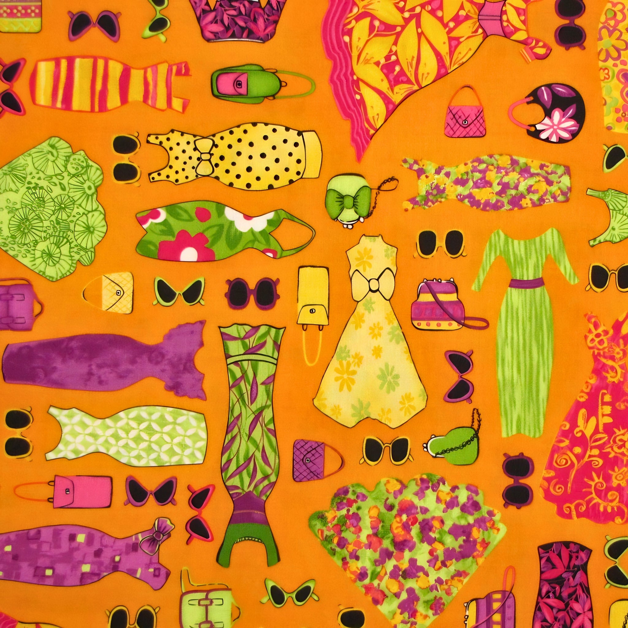 Vintage fashion dresses ball gown handbags cat-eye sunglasses orange green purple yellow novelty quilting fabric patchwork sewing projects