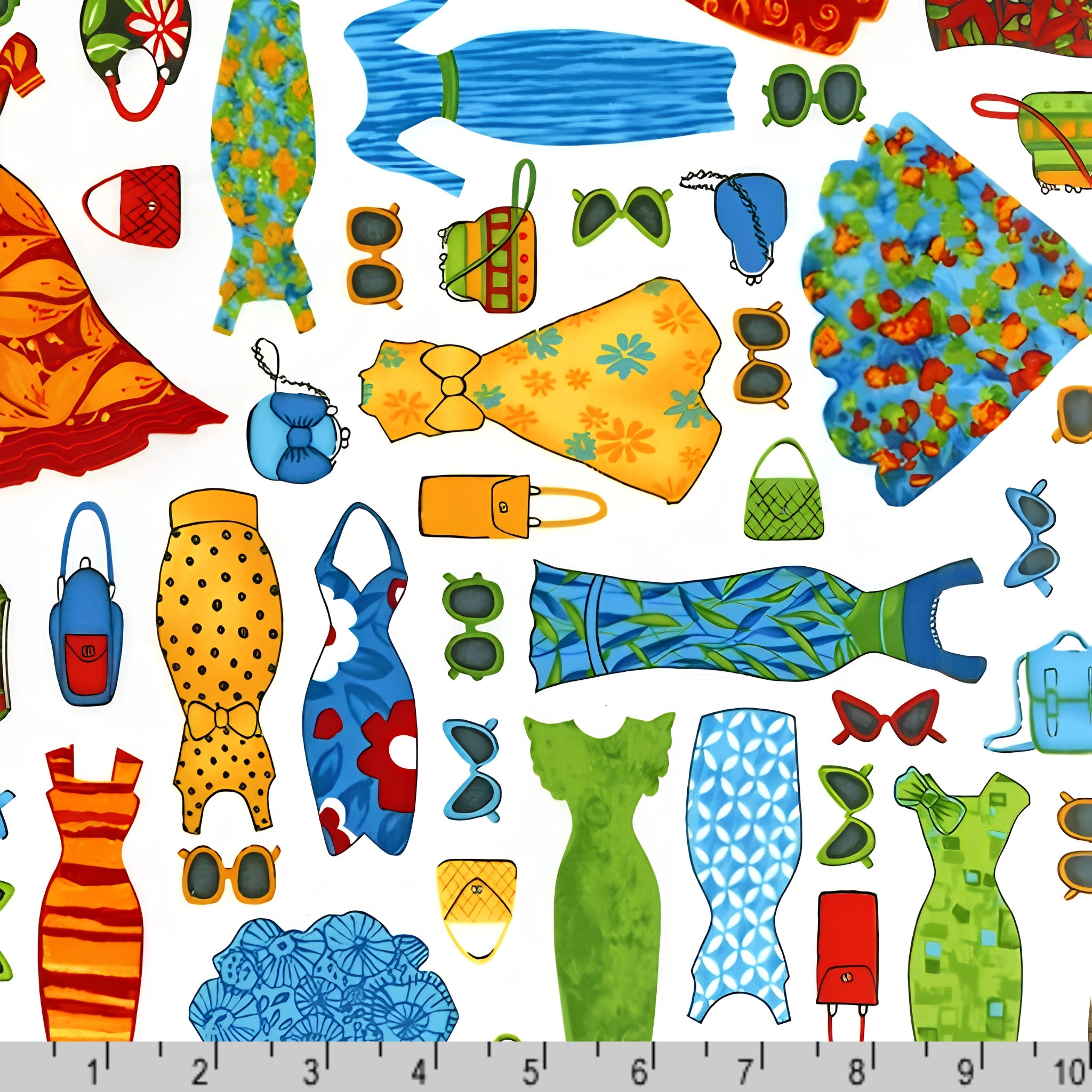 Vintage fashion dresses handbags sunglasses accessories multicolour red blue green yellow orange white novelty quilting fabric patchwork sewing projects