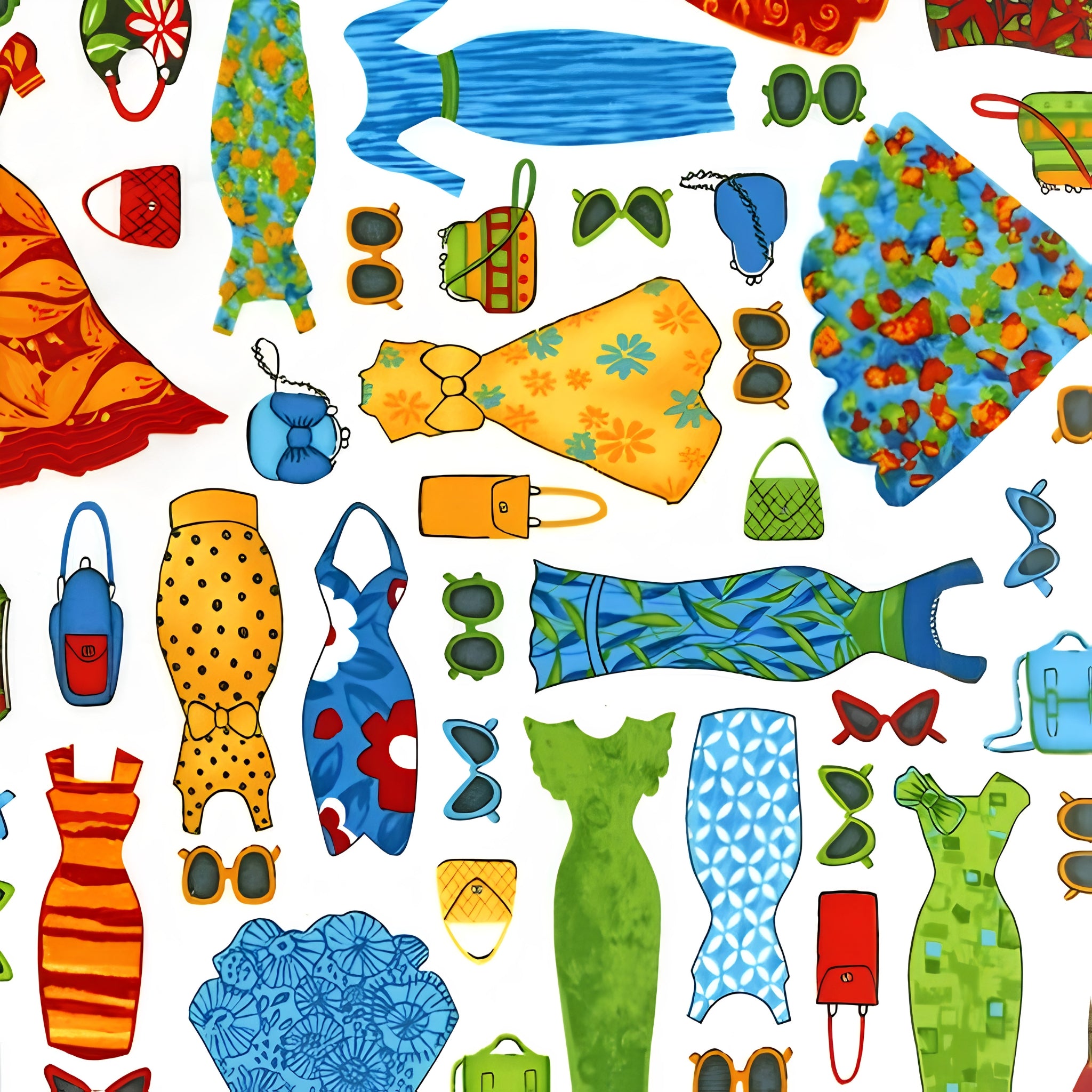 Vintage fashion dresses handbags sunglasses accessories multicolour red blue green yellow orange white novelty quilting fabric patchwork sewing projects