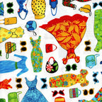 Vintage fashion ball gown polka dot dress handbags sunglasses multicolour red blue green yellow white novelty quilting fabric patchwork projects