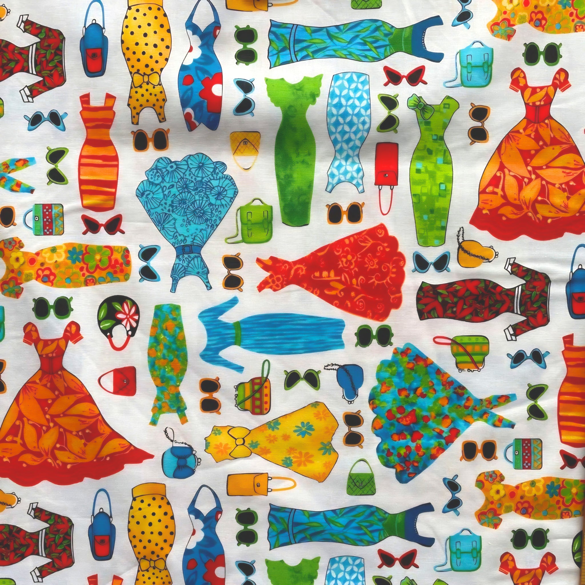 Vintage fashion dresses handbags sunglasses accessories multicolour red blue green yellow orange white novelty quilting fabric patchwork sewing projects