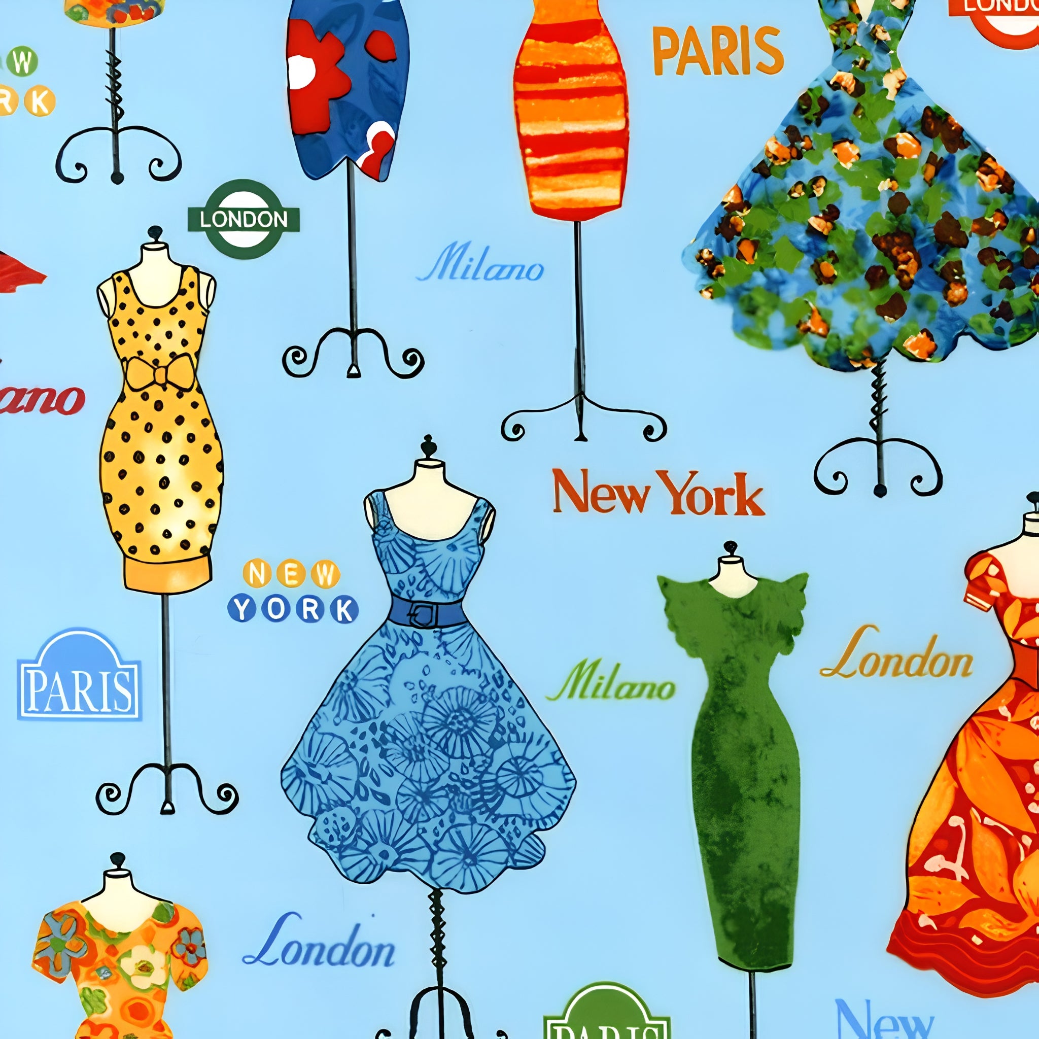 Vintage dresses on ornate dress stands Paris London New York Milano city names sky blue novelty quilting fabric patchwork sewing projects
