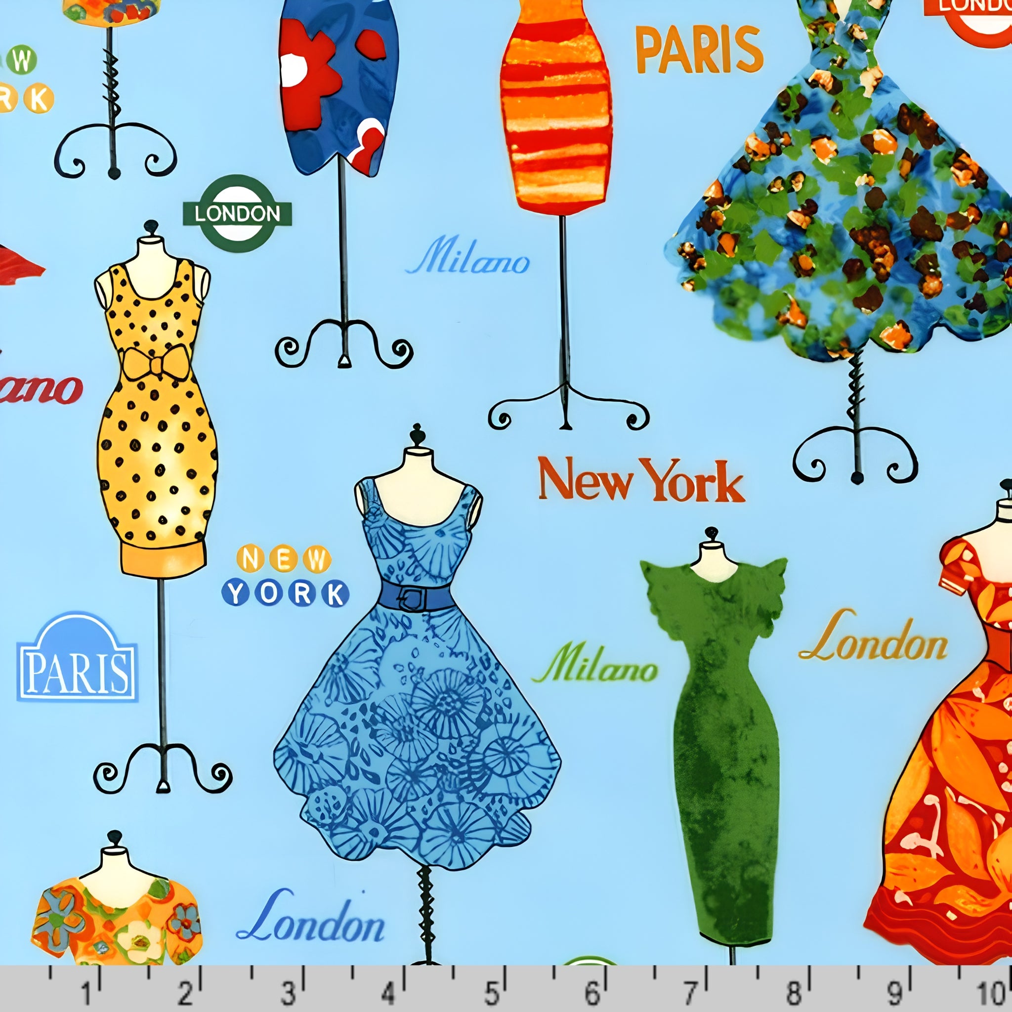 Vintage dresses on dress forms Paris London New York Milano fashion capitals sky blue novelty quilting fabric patchwork sewing projects