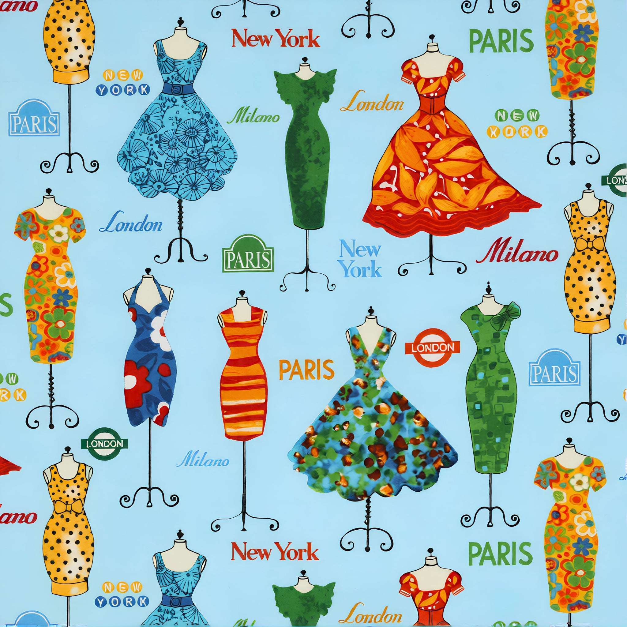 Vintage dresses on dress forms Paris London New York Milano fashion capitals sky blue novelty quilting fabric patchwork sewing projects