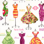 Vintage floral striped ball gown dresses dress forms Paris London New York Milano white novelty quilting fabric