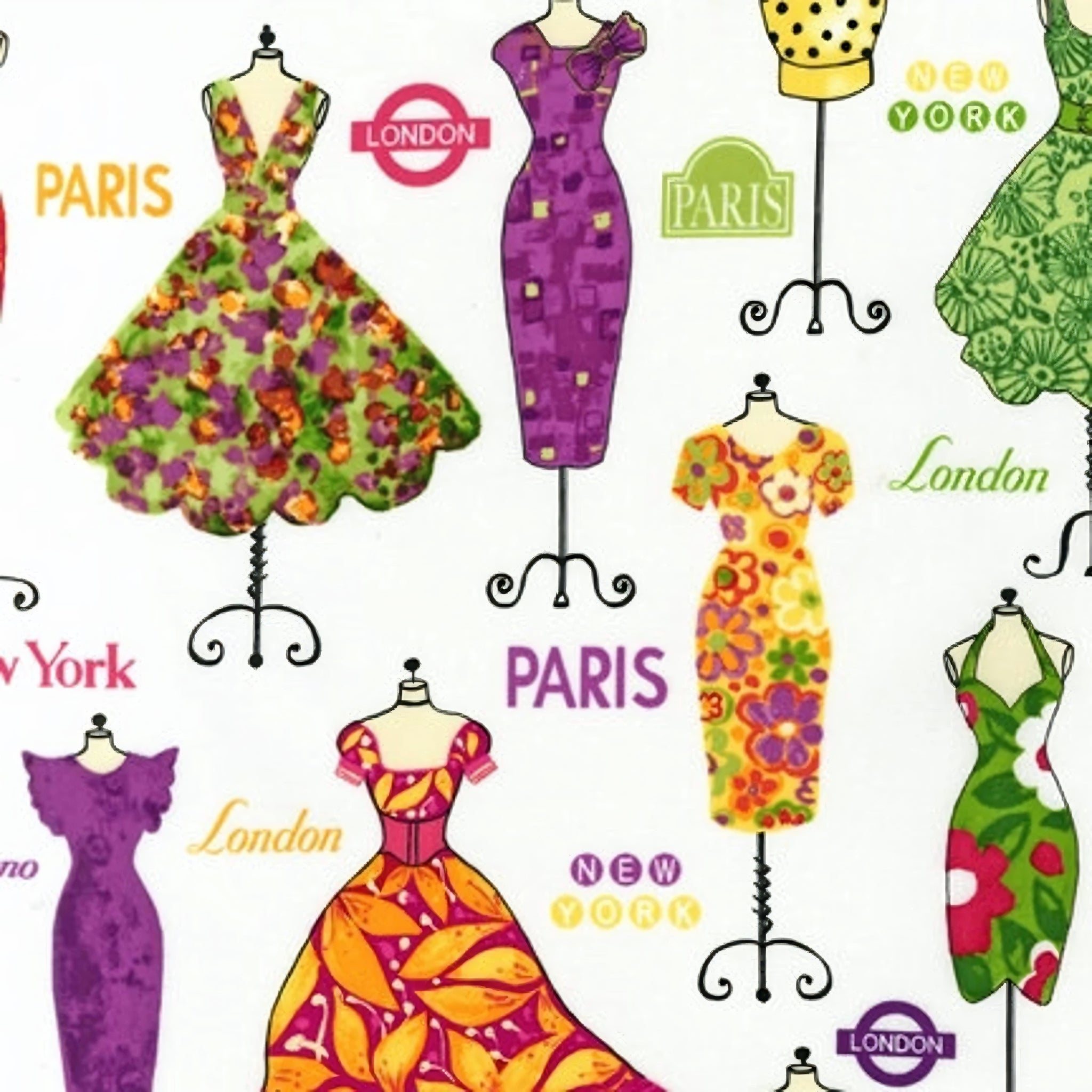 Vintage floral ball gown purple sheath dress forms Paris London New York Milano white purple orange green novelty quilting fabric patchwork sewing projects