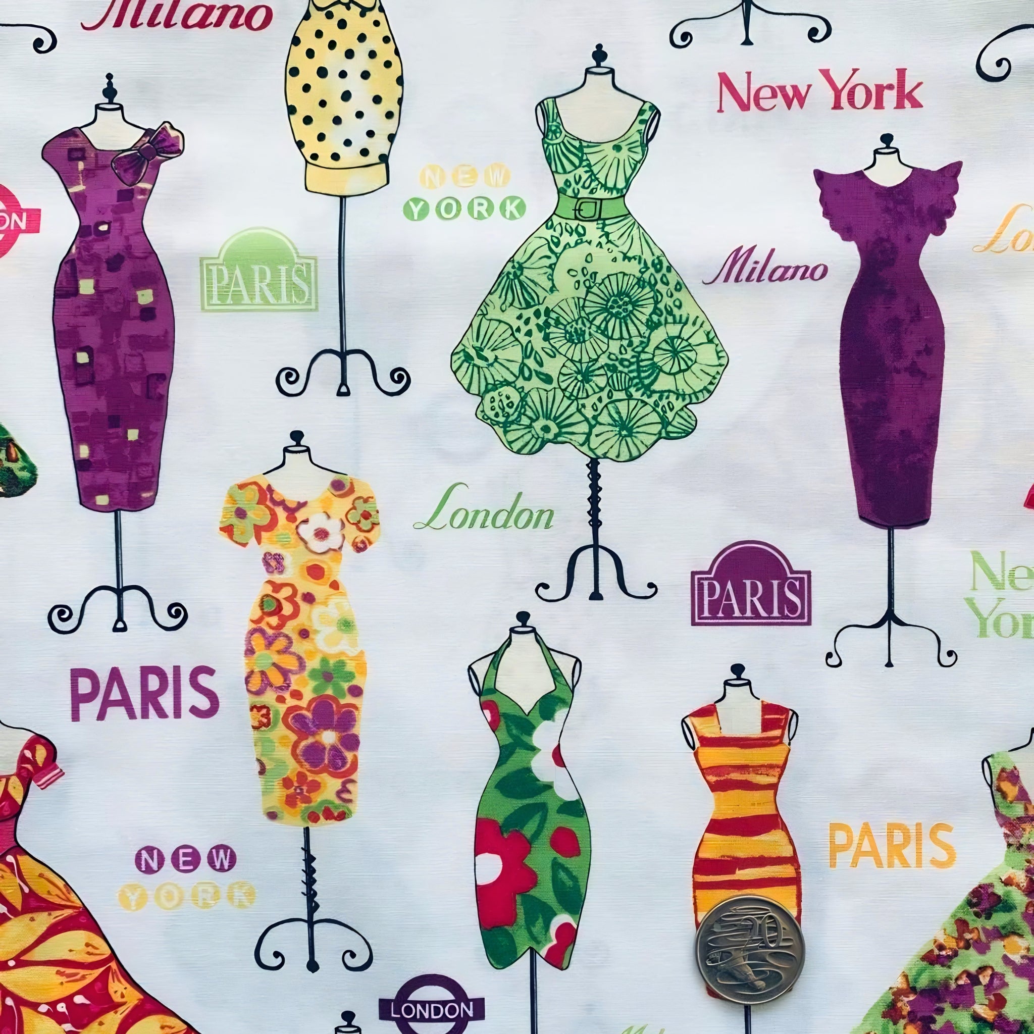 Vintage polka dot floral striped dresses on dress forms Paris London New York Milano white purple orange green yellow novelty quilting fabric patchwork projects