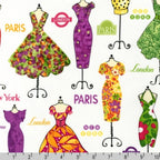 Vintage dresses on dress forms Paris London New York Milano fashion capitals white purple orange green yellow novelty quilting fabric patchwork sewing projects