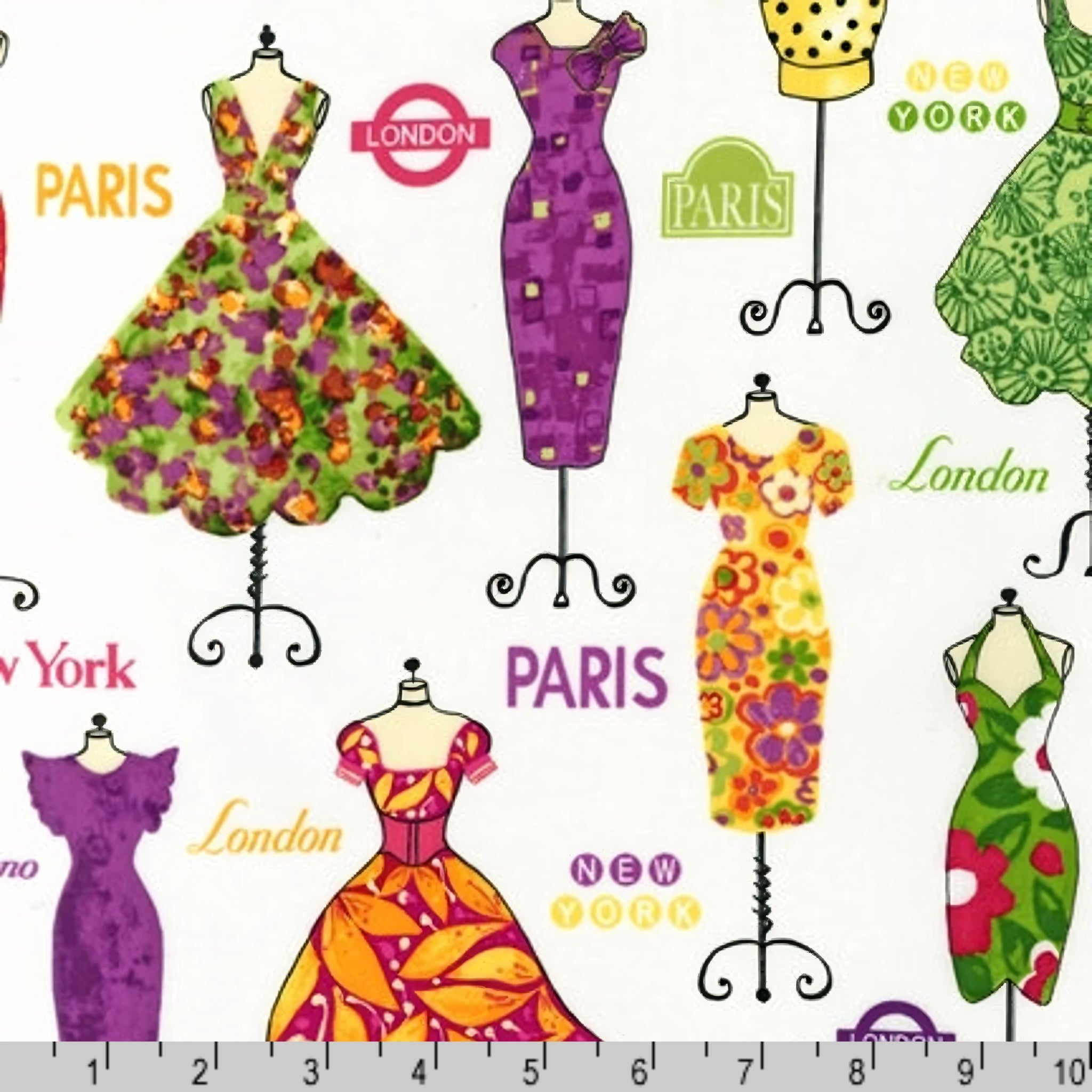Vintage dresses on dress forms Paris London New York Milano fashion capitals white purple orange green yellow novelty quilting fabric patchwork sewing projects