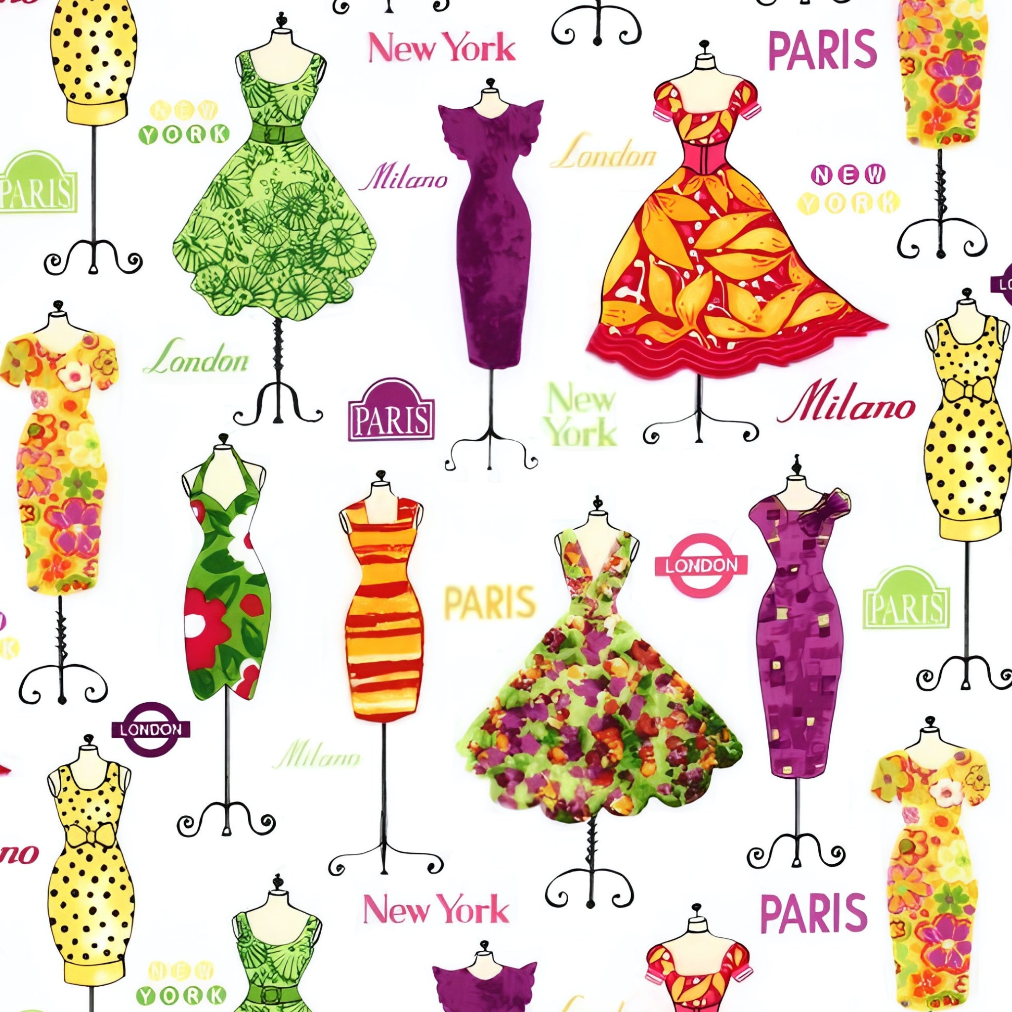 Vintage dresses dress forms Paris London New York Milano white purple orange green yellow novelty quilting fabric