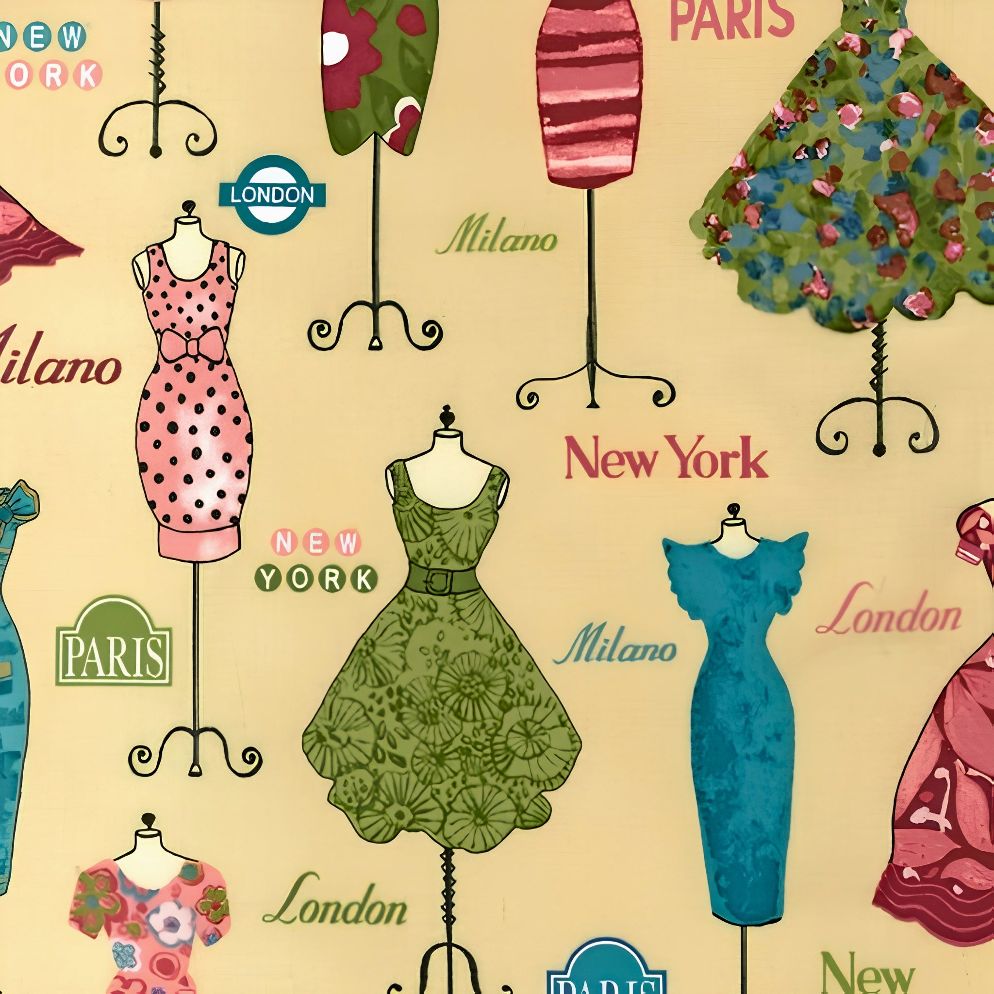Vintage polka dot dress floral dress forms Paris London New York Milano pale yellow pink teal green novelty quilting fabric patchwork projects