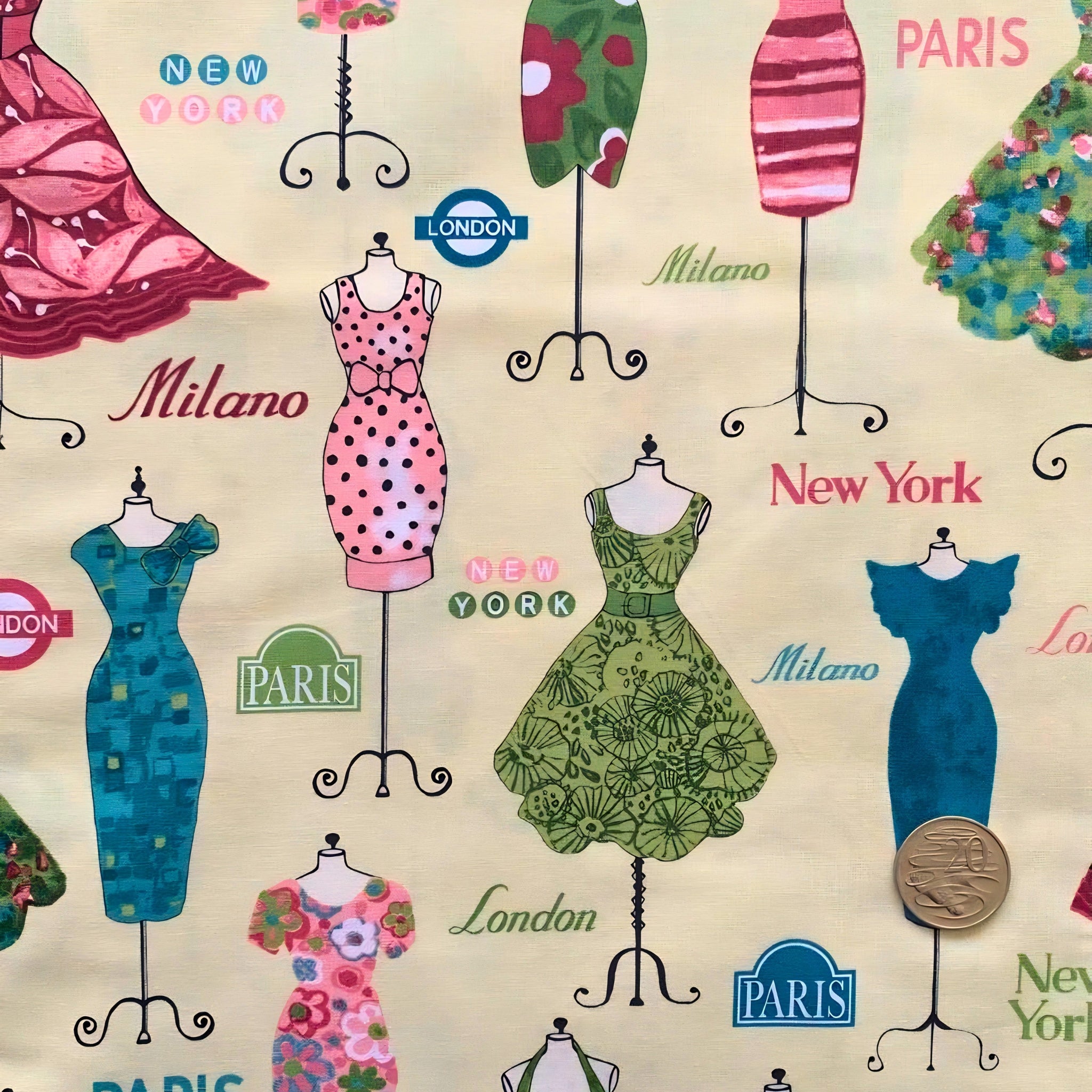 Vintage dresses on ornate dress stands Paris London New York Milano city names pale yellow pink teal olive green novelty quilting fabric patchwork projects