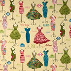 Vintage dresses on dress forms Paris London New York Milano fashion capitals pale yellow pink teal green novelty quilting fabric patchwork sewing projects