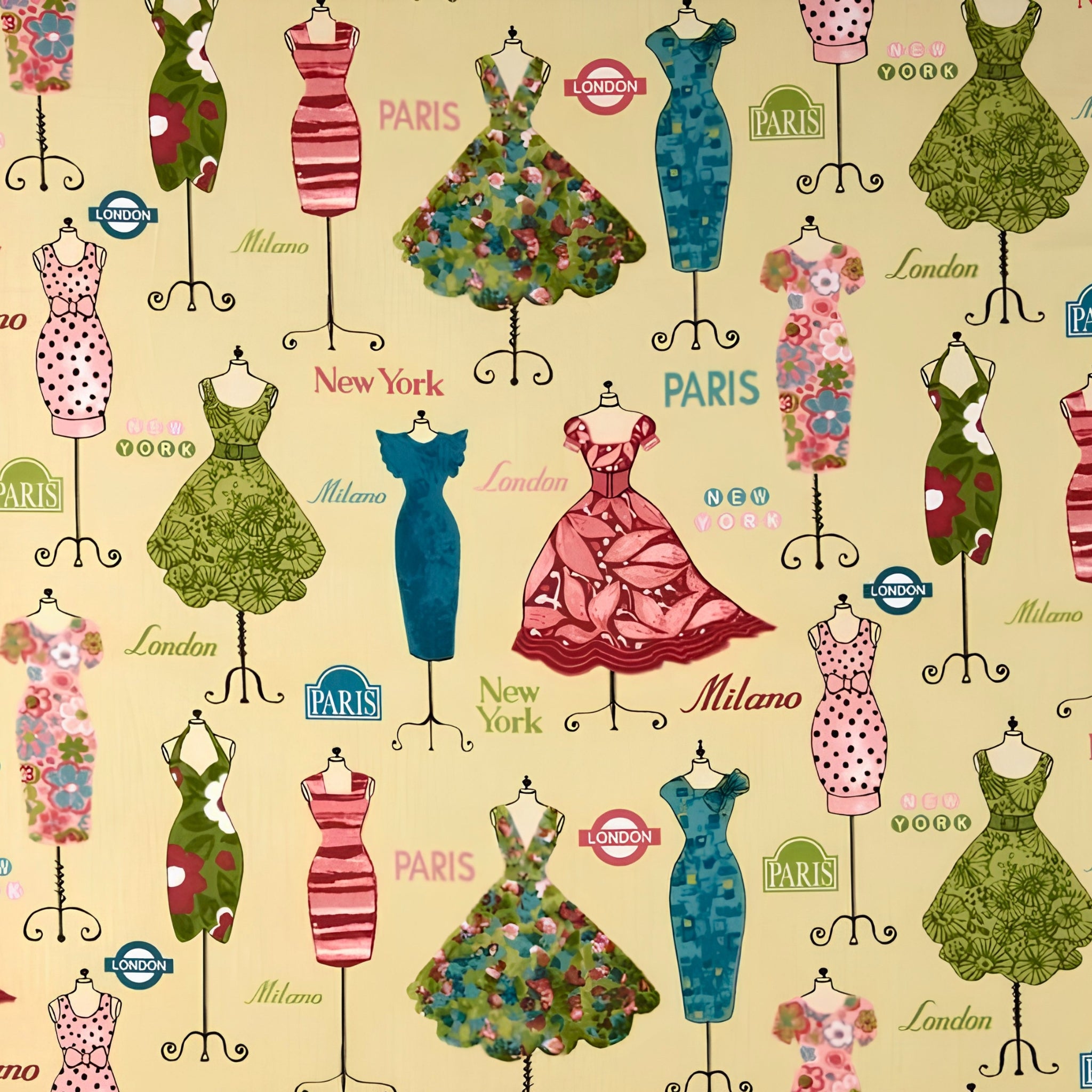 Vintage dresses on dress forms Paris London New York Milano fashion capitals pale yellow pink teal green novelty quilting fabric patchwork sewing projects