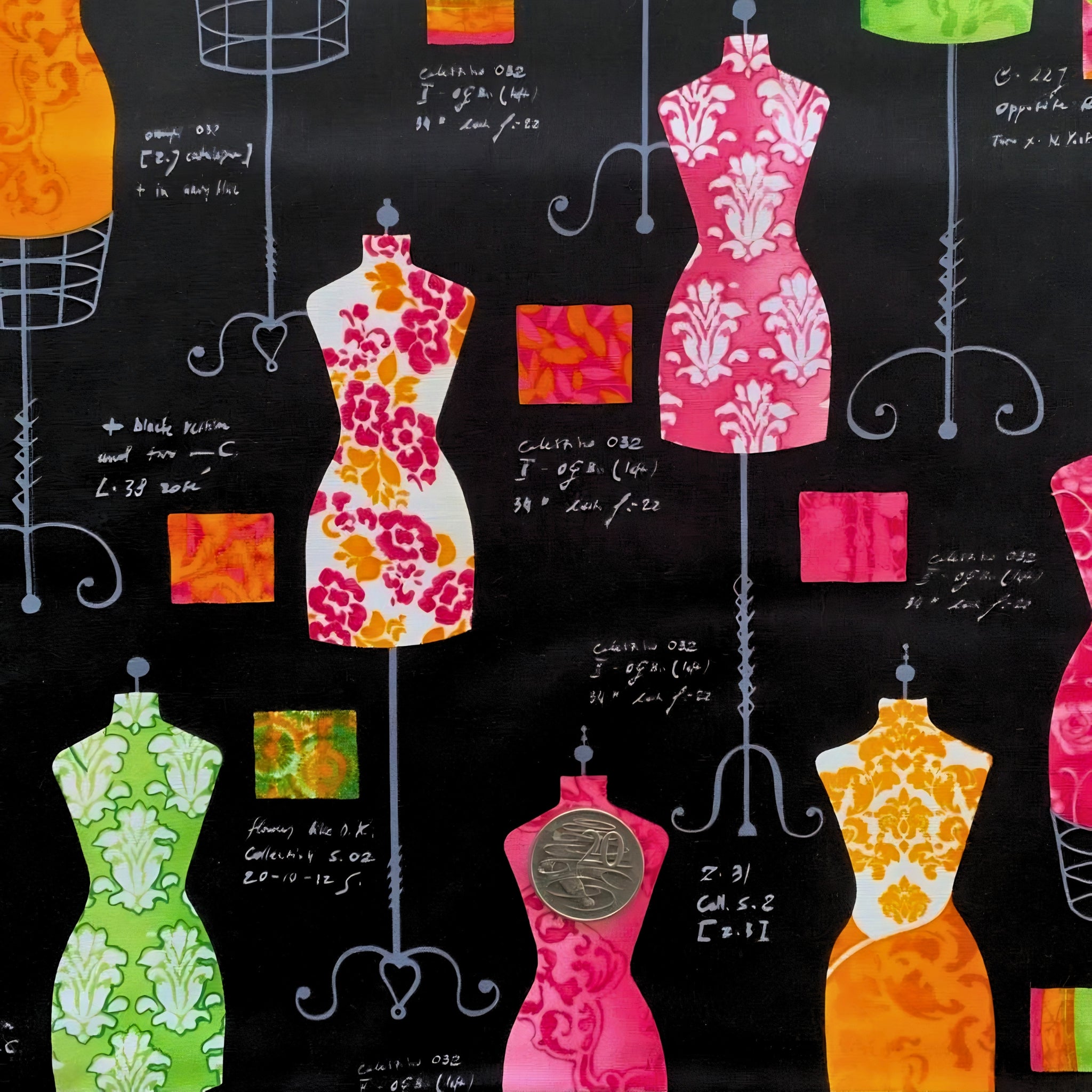 Vintage dress forms mannequins black pink green orange novelty quilting fabric sewing patchwork projects