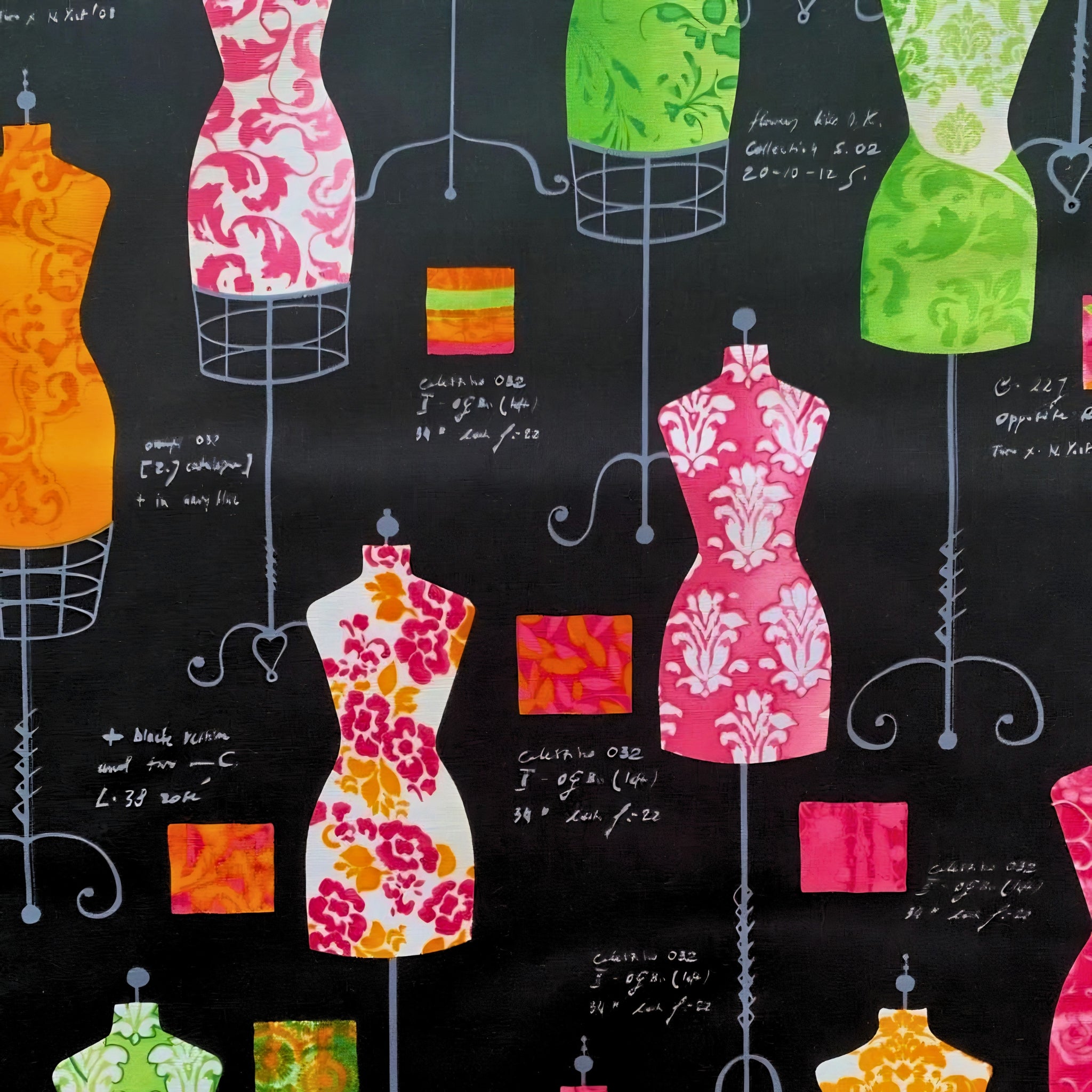 Vintage dress forms mannequins black pink green orange novelty quilting fabric sewing patchwork projects