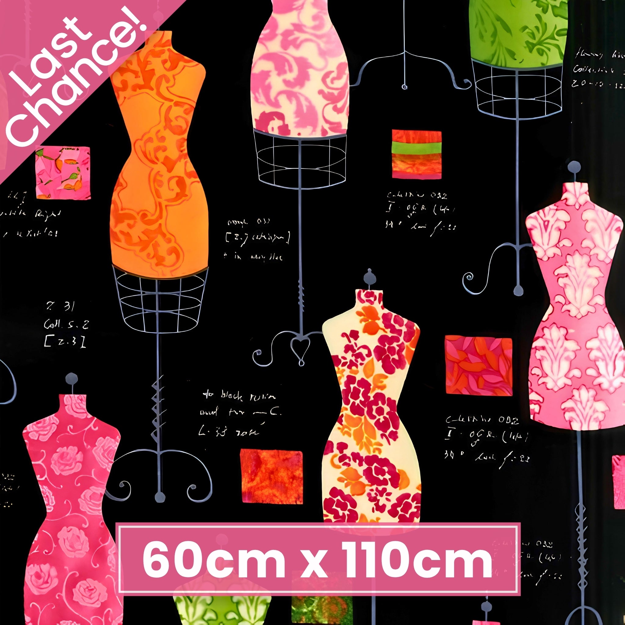 Vintage dress forms mannequins black pink green orange novelty quilting fabric sewing patchwork projects
