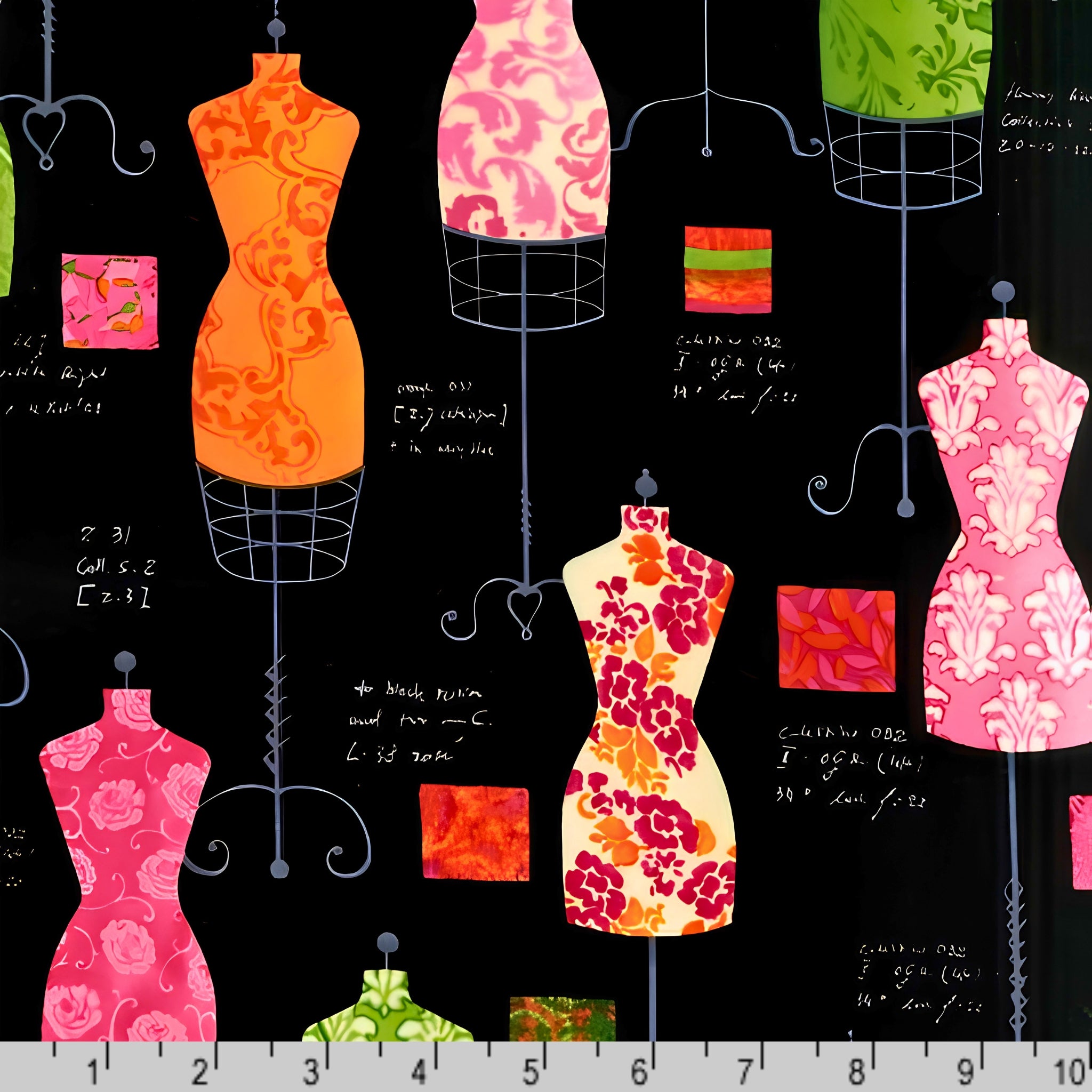 Vintage dress forms mannequins handwritten fashion notes black pink green orange novelty quilting fabric patchwork projects