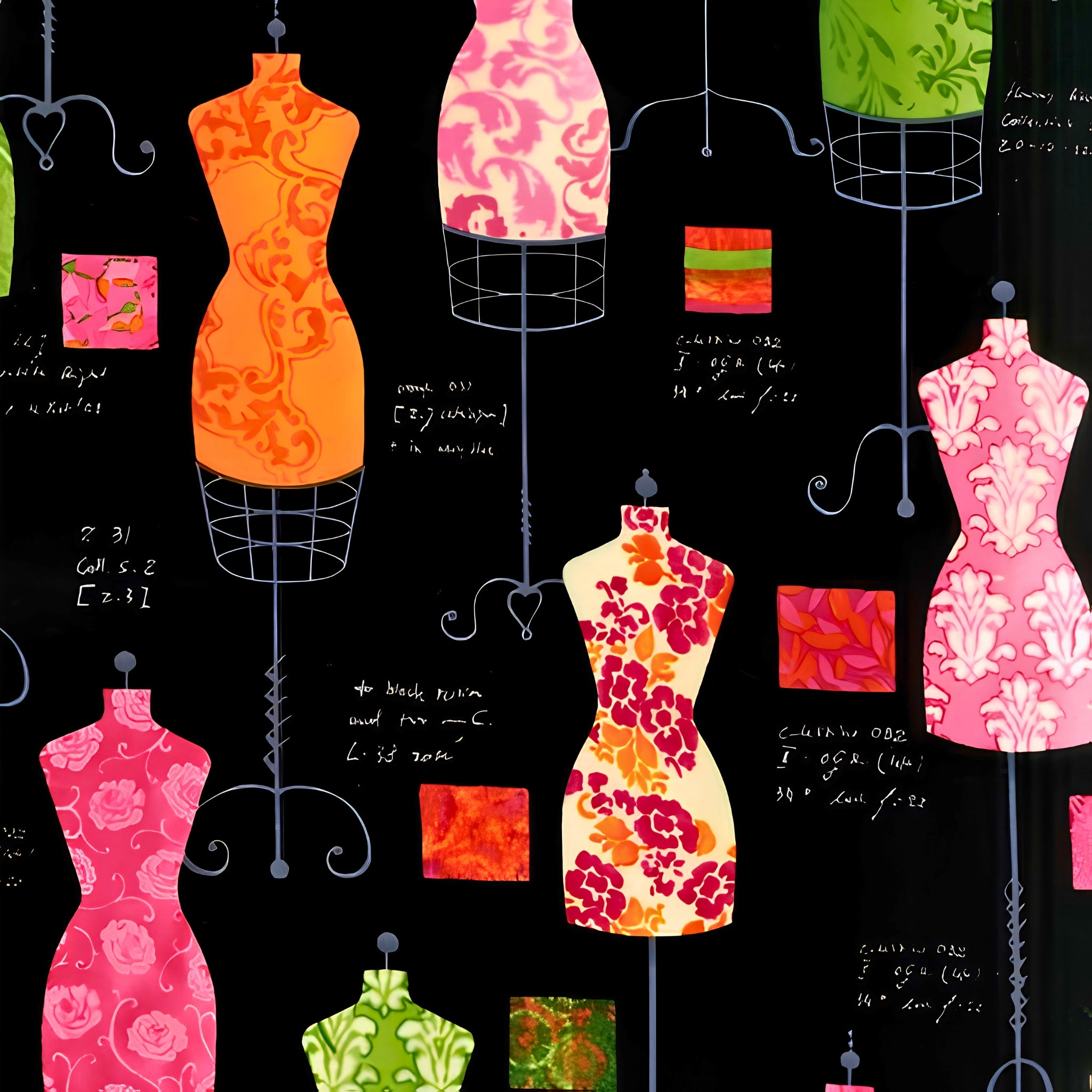 Vintage dress forms mannequins black pink green orange novelty quilting fabric sewing patchwork projects