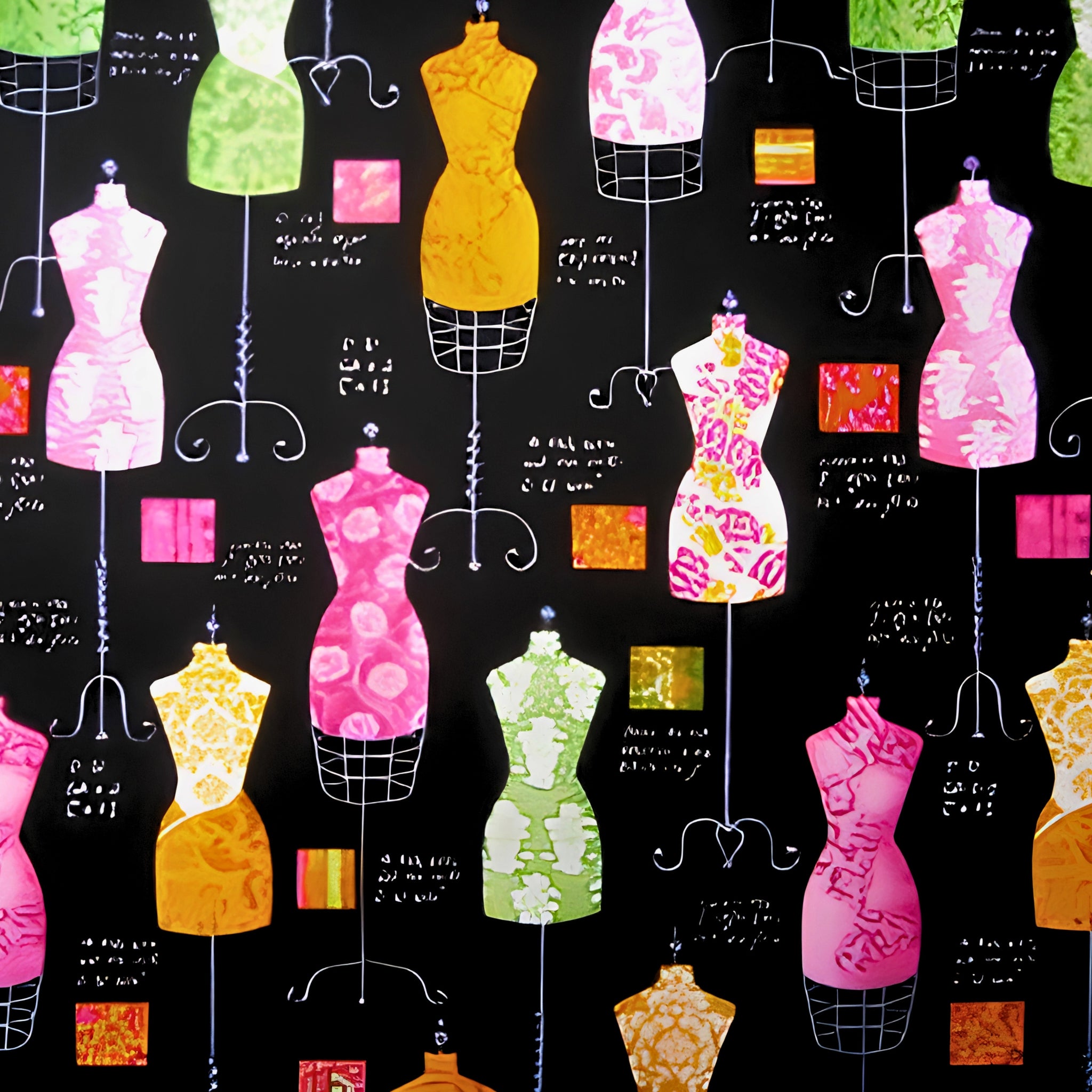Vintage dress forms mannequins black pink green orange novelty quilting fabric sewing patchwork projects