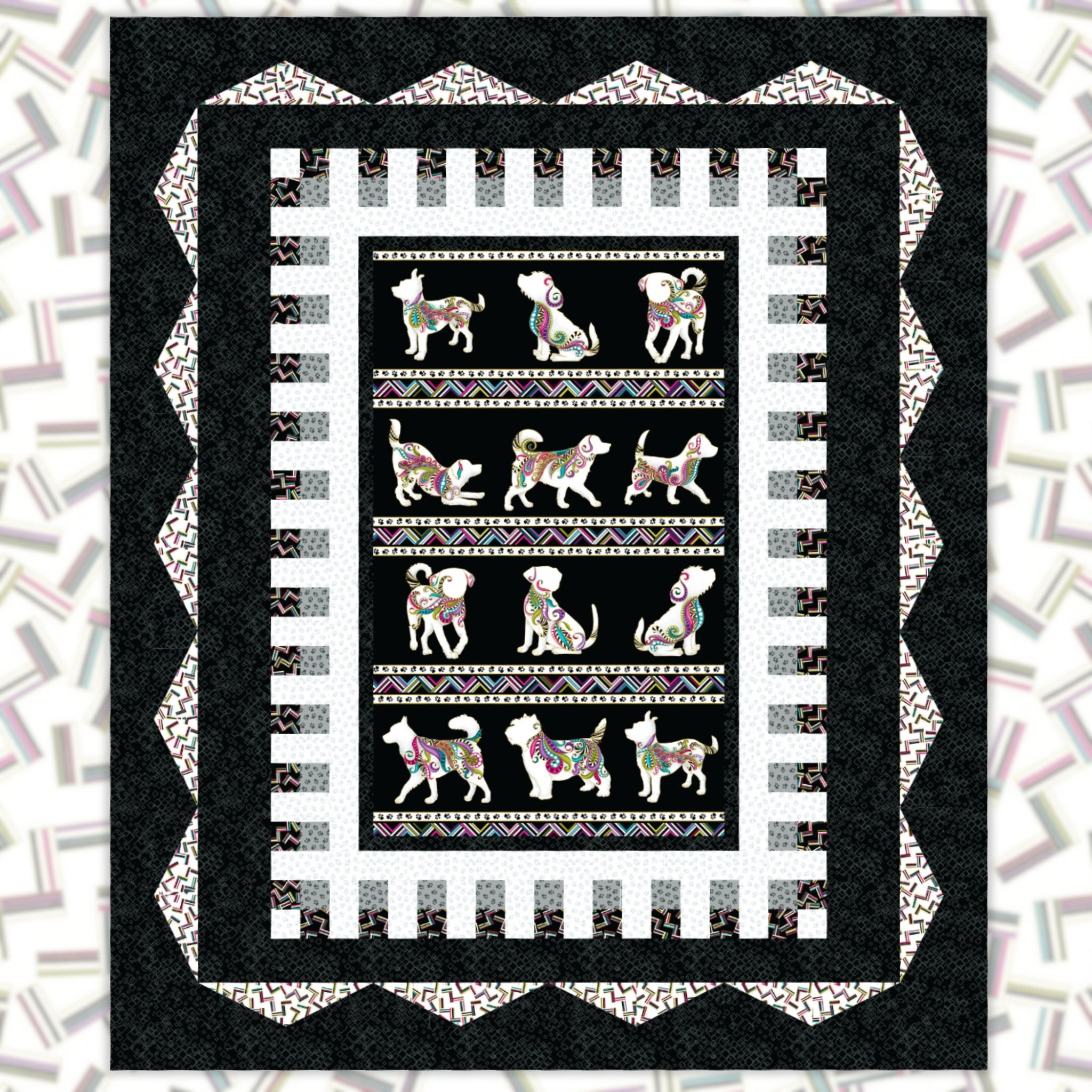 Easy Does It Quilt Pattern cover showing black, white, and geometric borders around dog stripe panel
