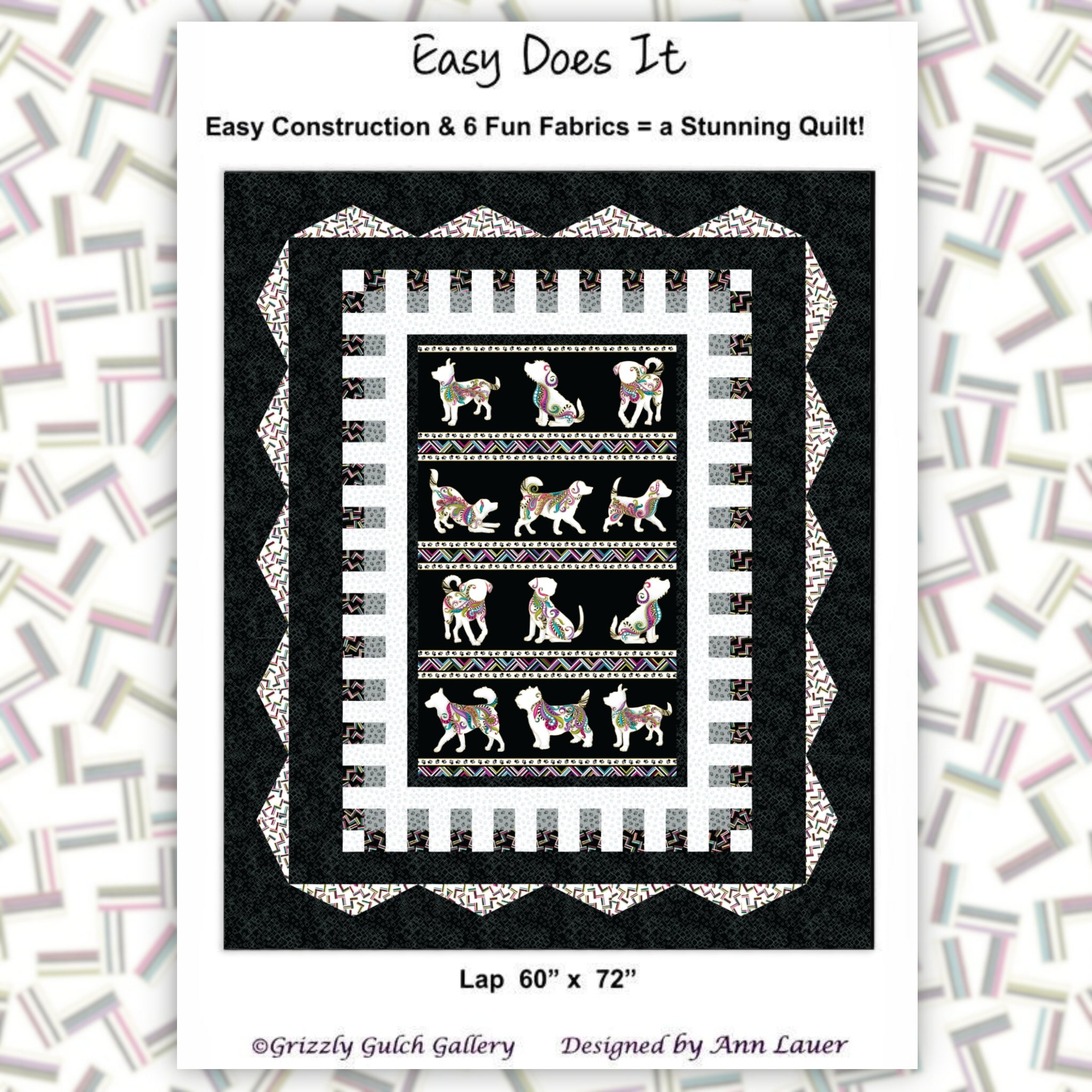 Easy Does It Quilt Pattern cover showing black, white, and geometric borders around dog stripe panel
