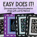 Easy Does It pattern showing four quilt variations with cat, peacock, horse, and dog panels
