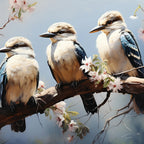Three kookaburras blossom branch illustrated panel soft blue white brown Australiana bird quilts wall hangings nature gifts