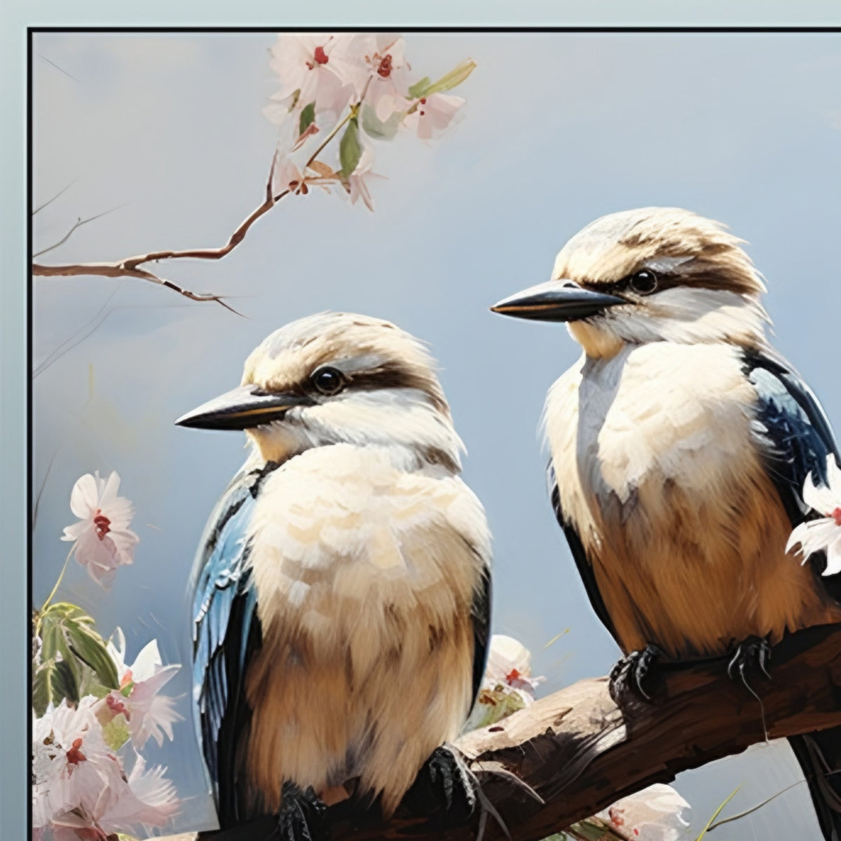 Blue-winged kookaburras blossom branch illustrated panel soft blue white brown Australiana bird quilts wall hangings nature gifts