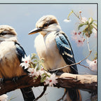 Blue-winged kookaburras blossom branch illustrated panel soft blue white brown Australiana bird quilts wall hangings nature gifts