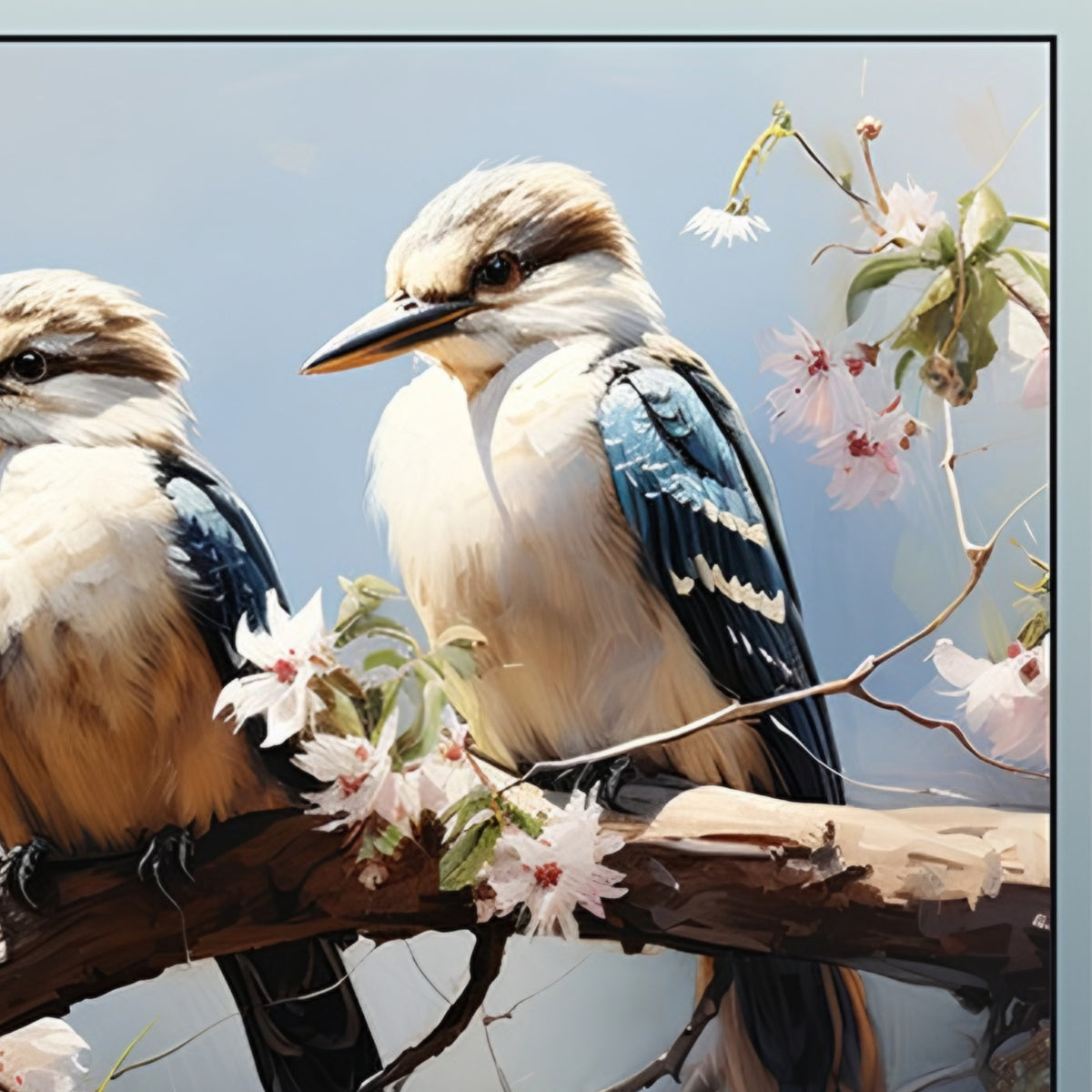 Blue-winged kookaburras blossom branch illustrated panel soft blue white brown Australiana bird quilts wall hangings nature gifts