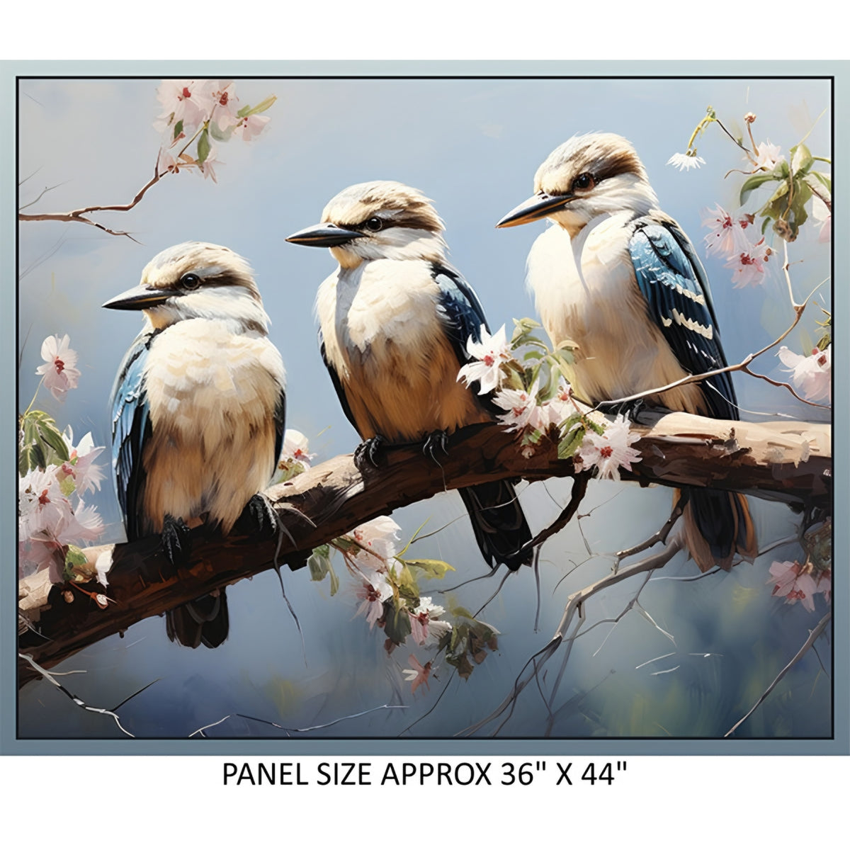 Three kookaburras blossom branch illustrated panel soft blue white brown Australiana bird quilts wall hangings nature gifts