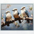 Three blue-winged kookaburras blossom branch illustrated panel soft blue white brown Australiana bird quilts wall hangings nature gifts