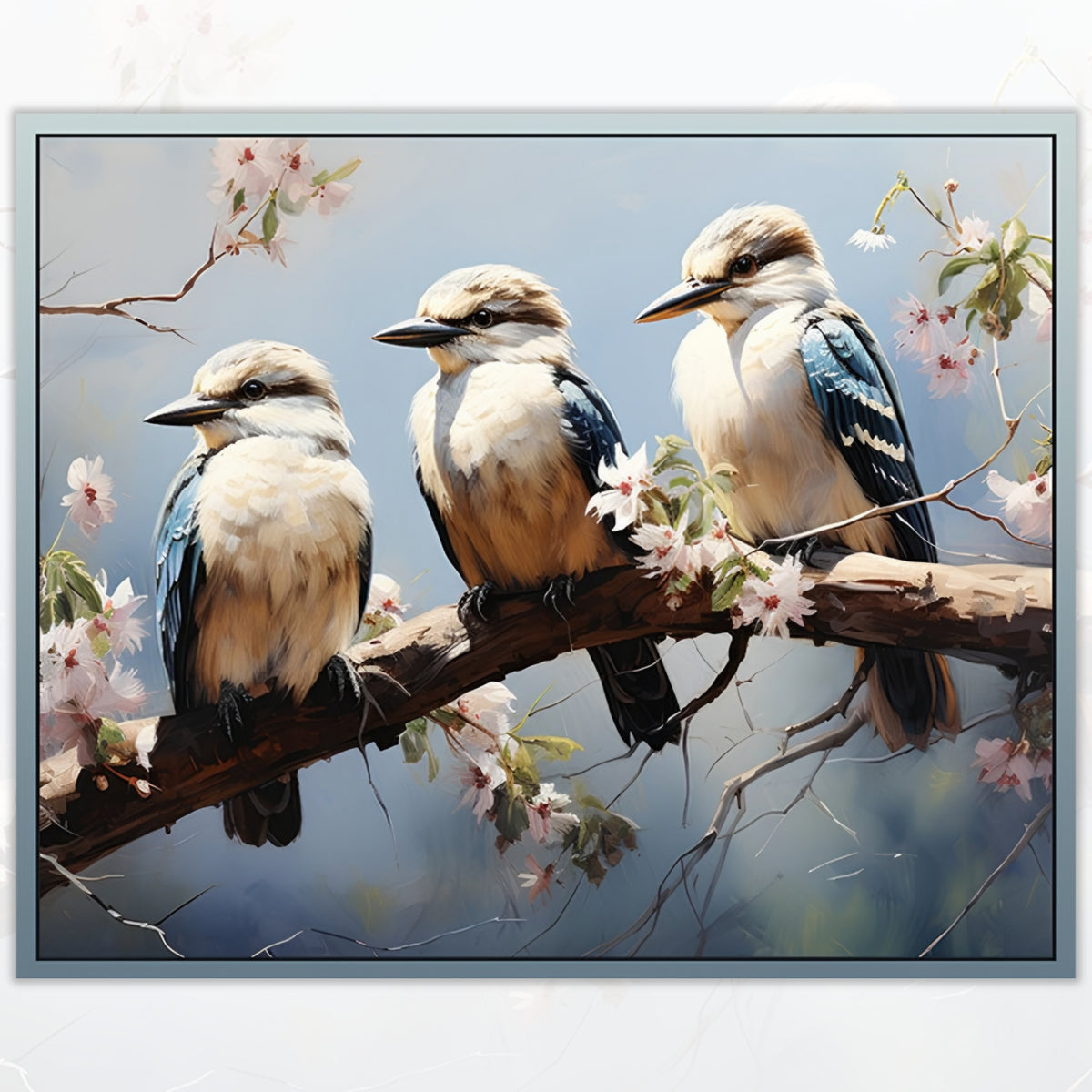 Three blue-winged kookaburras blossom branch illustrated panel soft blue white brown Australiana bird quilts wall hangings nature gifts