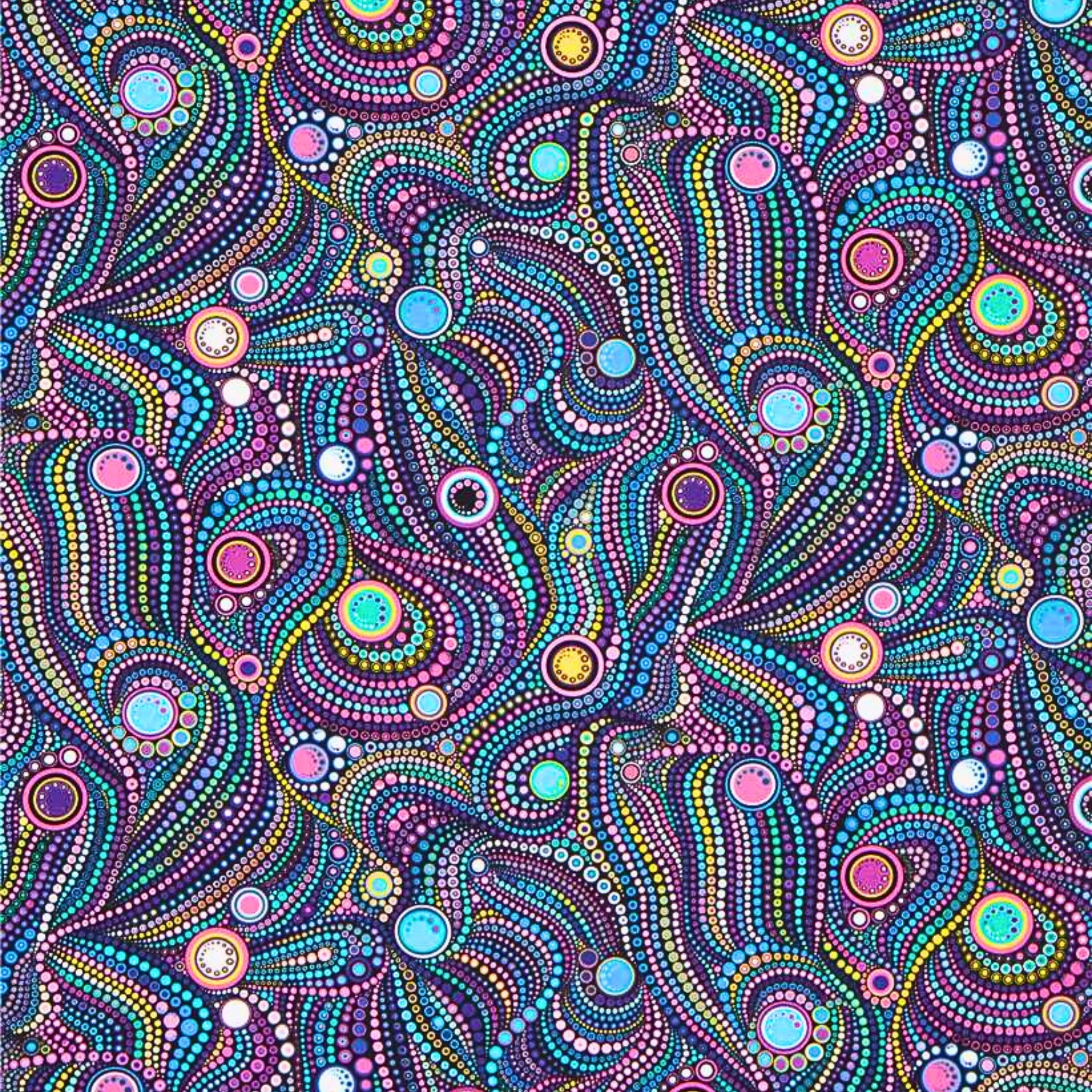 Flowing circles dotted lines pink turquoise yellow purple white fabric for modern quilts art quilts and patchwork sewing projects