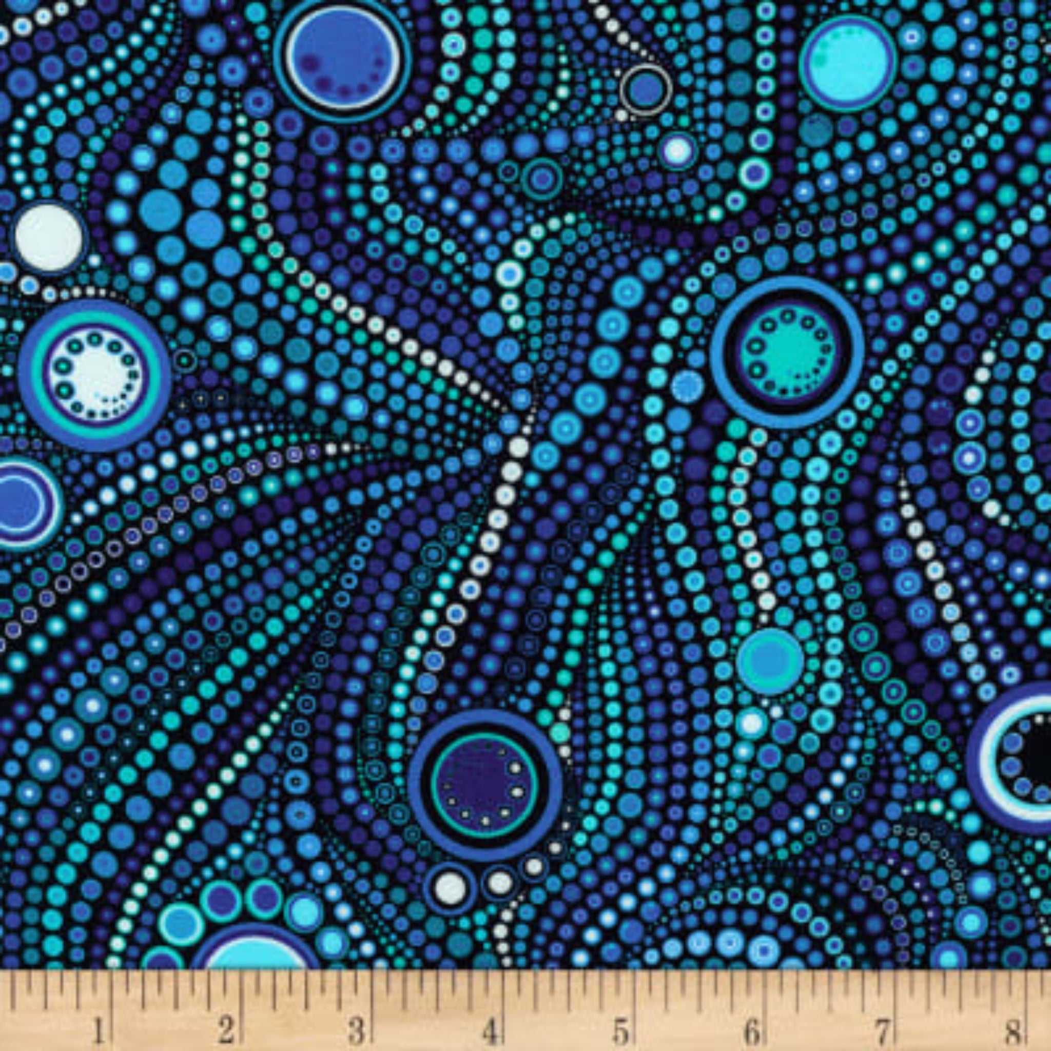Flowing circles dotted lines blue turquoise purple white fabric for modern quilts art quilts and patchwork sewing projects